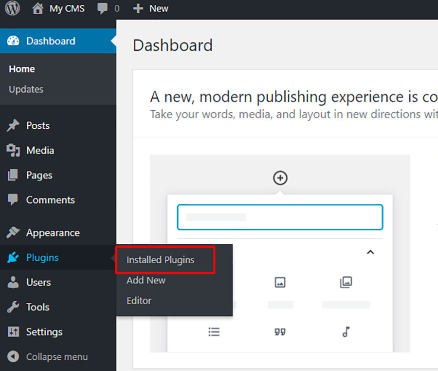 Giao diện Dashboard trong trang admin của Wordpress